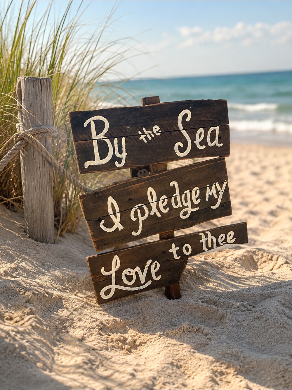 Rustic Handmade Beach Wood Sign – “By the Sea I Pledge My Love to Thee” Coastal